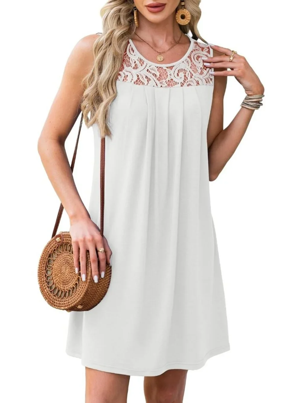 Women's White Beach Cover Up Sleeveless Summer Lace Crewneck Sundress Mini Dress - Picture 4 of 5